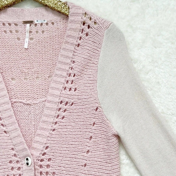 Free People Pinwheel Cardigan Lace Back Long Pink Wool Button Sweater Medium - Picture 7 of 11